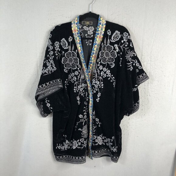 Velvet Embroidery Cardigan Womens Medium Black Boho Art to Wear Event L&B